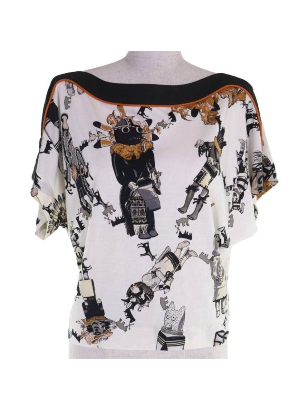 Hermes Kachinas 100% Cotton Ethnic Pattern Leather Use Boat Neck Short Sleeve - Picture 2 of 10